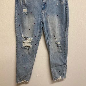 Tinsel Embroidered Lips Distressed Straight Leg High Rise Jeans